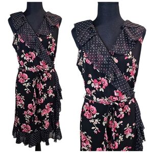 White House Black Market Sleeveless Faux Wrap Dress 8 Polka Dot Floral Trad Wife